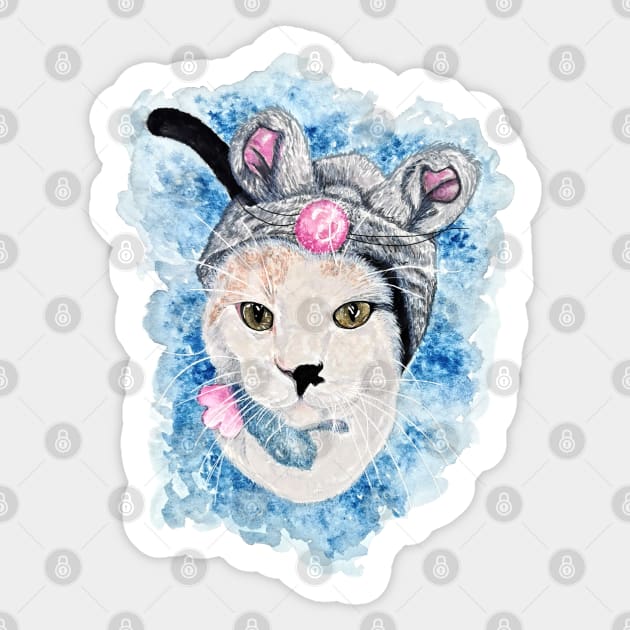 Cat with Mouse Hat Sticker by Wanderlust Creative Lab